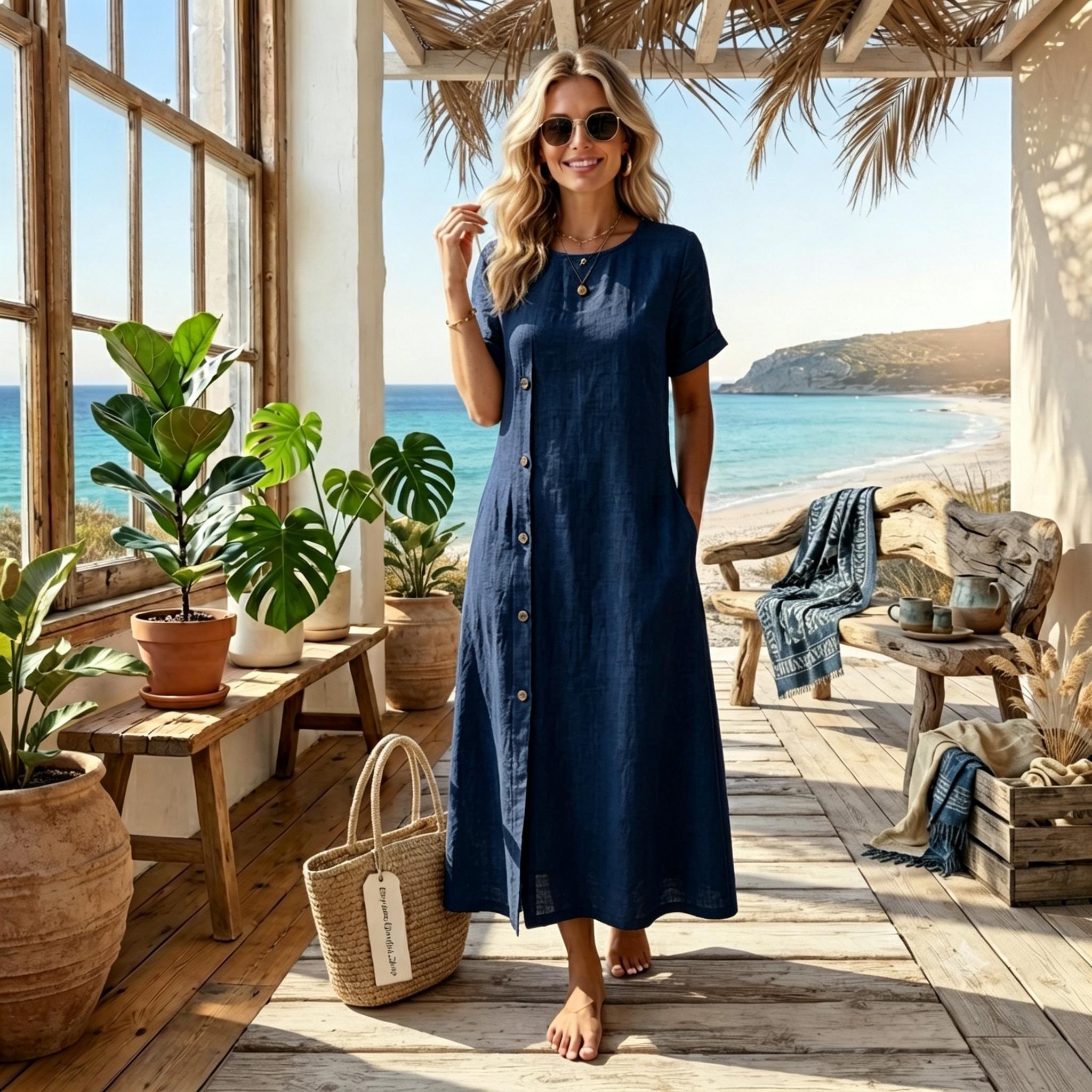 Cotton Linen Crew Neck Maxi Dress – Breathable And Flowy Summer Dress - With Pocket