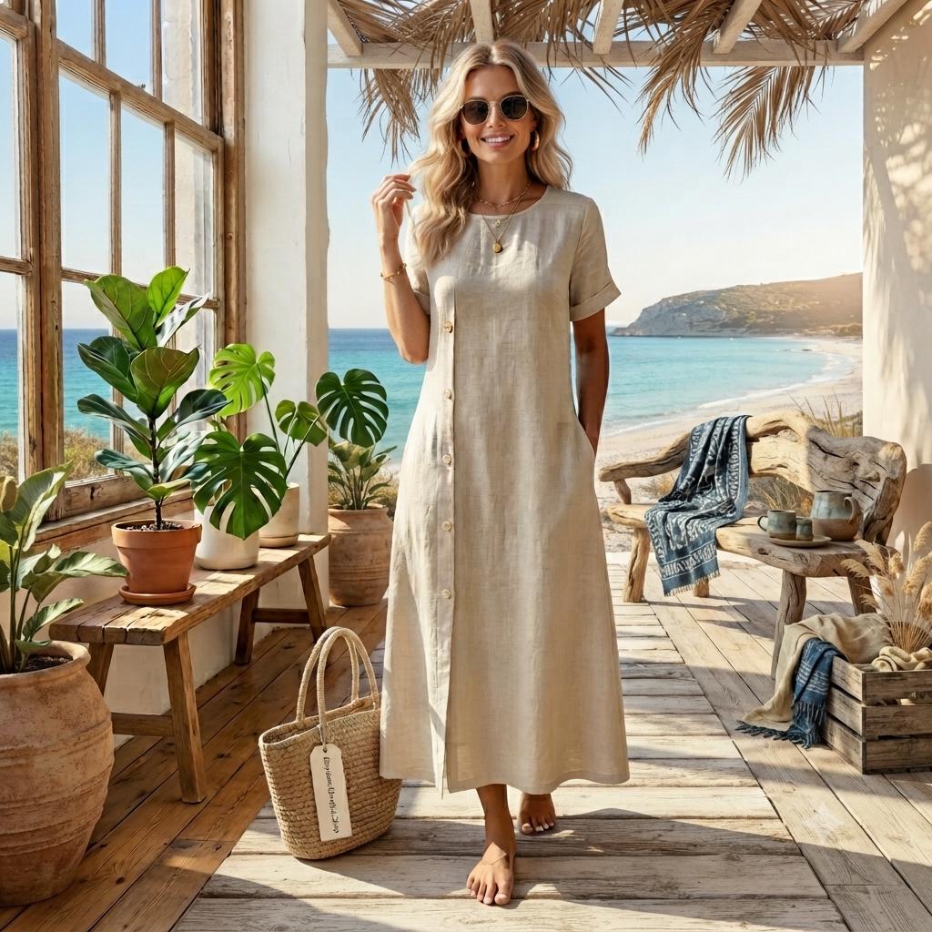 Cotton Linen Crew Neck Maxi Dress – Breathable And Flowy Summer Dress - With Pocket
