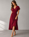 Women Summer Elegant Dress, Wrap Waist Flowy Casual Dress, Solid V-Neck Midi Dress, Bat Sleeve Evening Dress, Summer Fashion