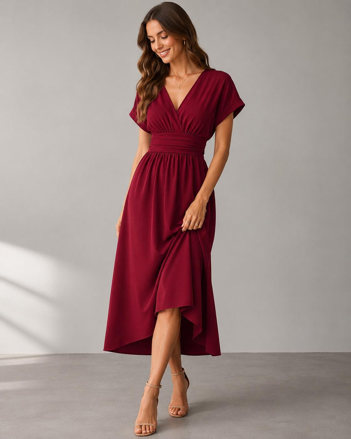 Women Summer Elegant Dress, Wrap Waist Flowy Casual Dress, Solid V-Neck Midi Dress, Bat Sleeve Evening Dress, Summer Fashion
