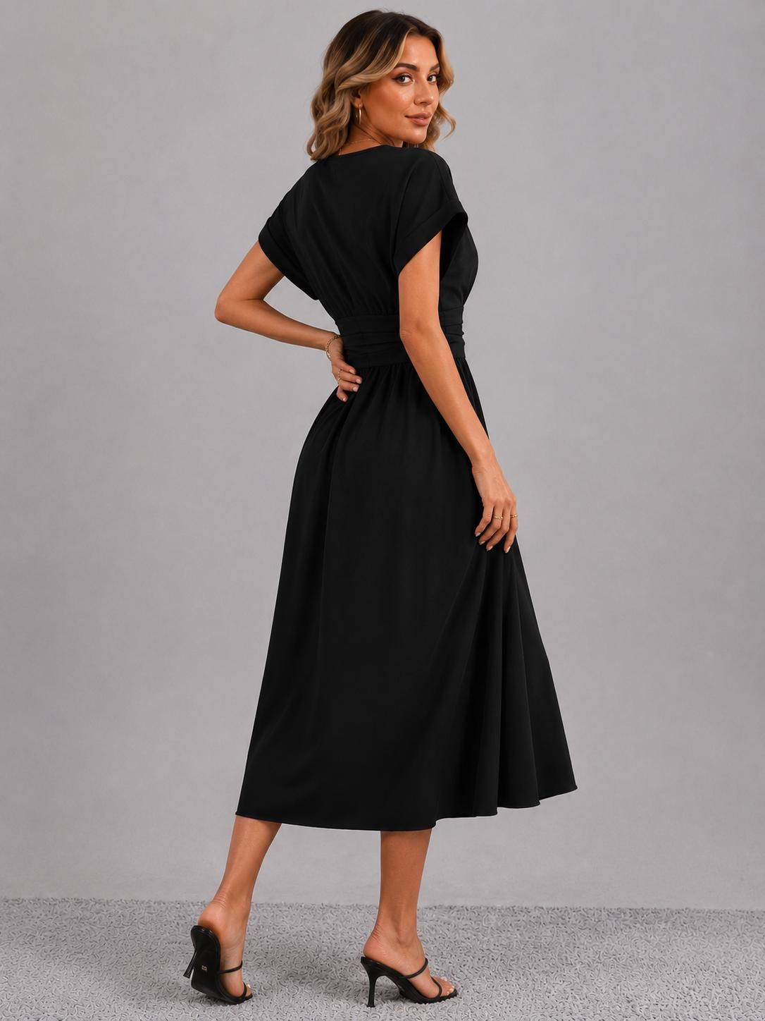 Women Summer Elegant Dress, Wrap Waist Flowy Casual Dress, Solid V-Neck Midi Dress, Bat Sleeve Evening Dress, Summer Fashion