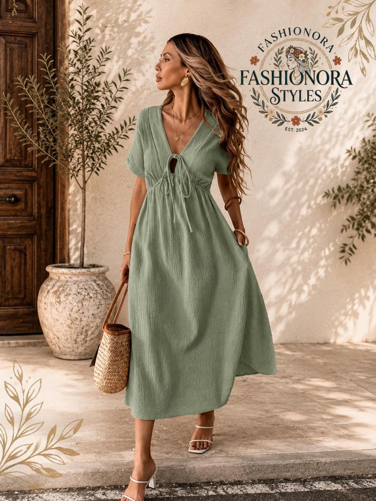 Flowy Midi Dress Women Tie Front Dress Casual Summer Dress Short Sleeve A Line Dress