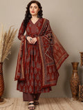 Maroon Flared Anarkali Kurta Pant Dupatta Set, Ethnic Print Rayon V-Neck Women Indian Suit