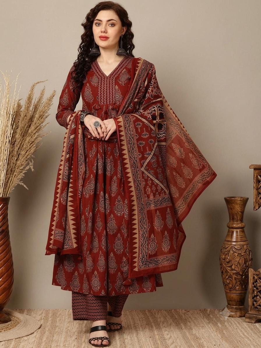 Maroon Flared Anarkali Kurta Pant Dupatta Set, Ethnic Print Rayon V-Neck Women Indian Suit